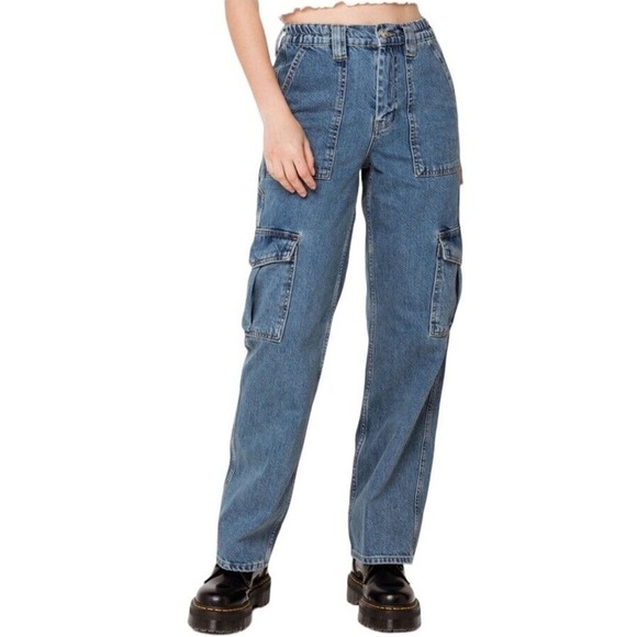 BDG Urban Outfitters Cargo Skate Jeans Women Sz 27 Blue Elastic Waist Wide Leg - Picture 9 of 16